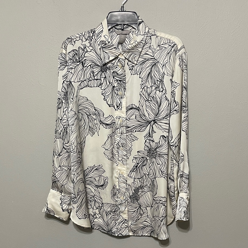 H&M Cream and Black Floral Oversized Button-Up Tunic